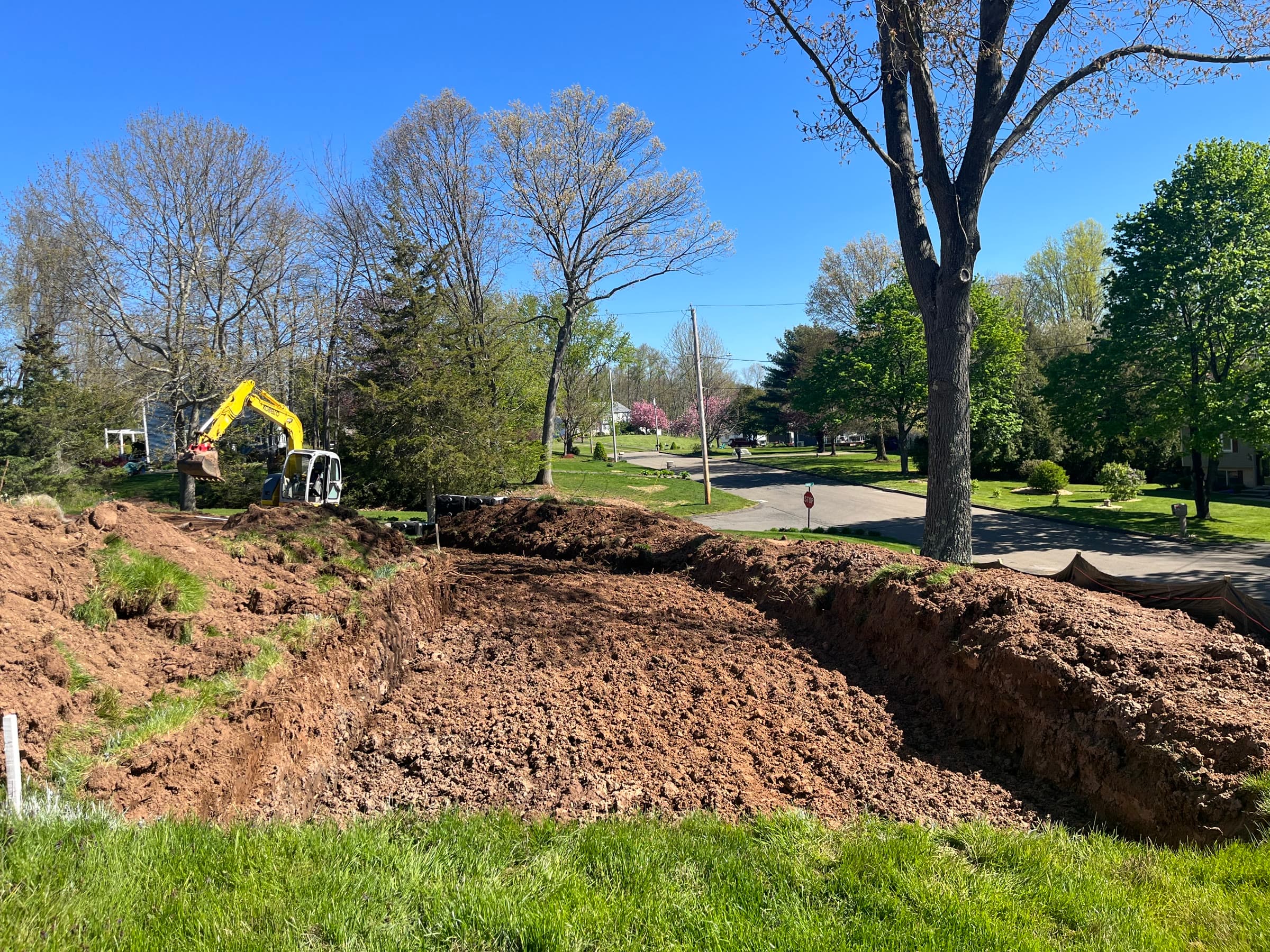 Strip and prep of a residential yard for septic installation, with an excavator at the top of the cut.